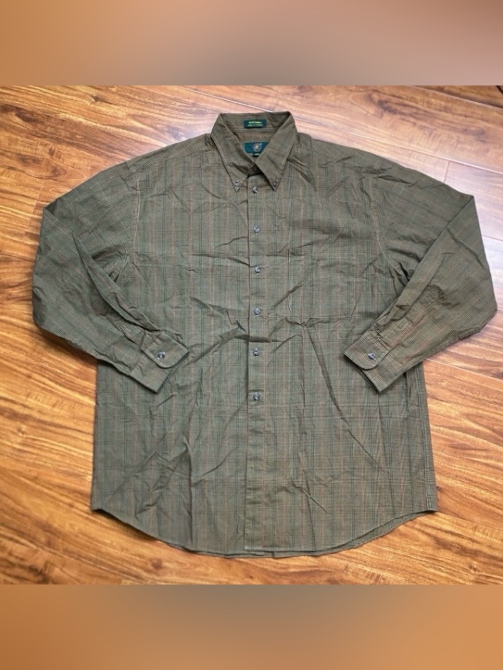 3/$25 Club Room Men Olive Tan Plaid Collared Button Cotton Shirt Size 17 Classic